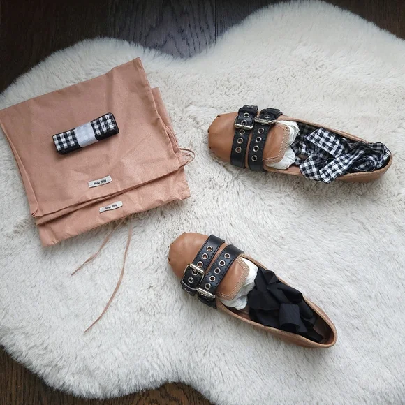 Miu Miu Balletcore Tie Up Belted Leather Ballerina Flats - Picture 5 of 15